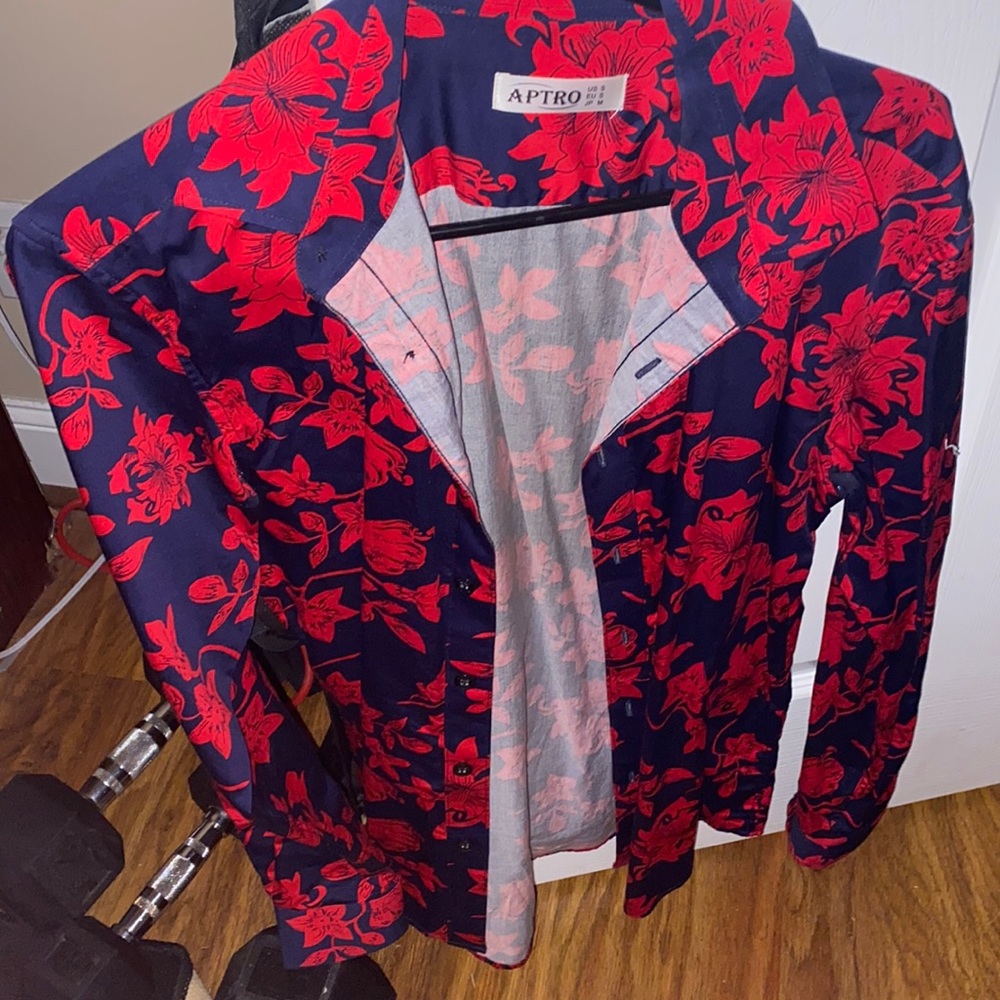Navy blue button down with red floral print.